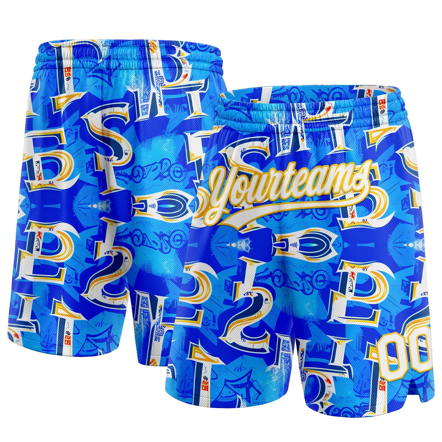 Custom Royal White-Yellow 3D Pattern Ocean Graphic Geometry Authentic Basketball Shorts - Main View