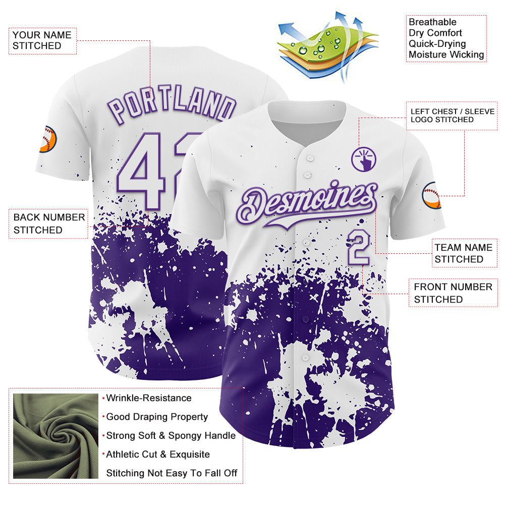 Custom White Purple Abstract Splatter Grunge Authentic Baseball Jersey view 3