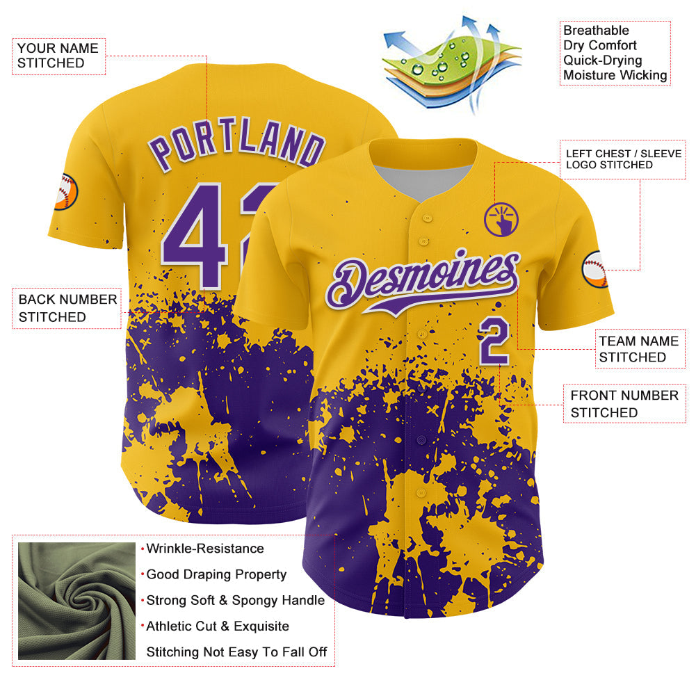 Custom Gold Purple-White Abstract Splatter Grunge Authentic Baseball Jersey view 3