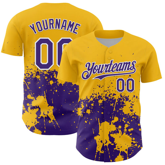Custom Gold Purple-White Abstract Splatter Grunge Authentic Baseball Jersey - Main View