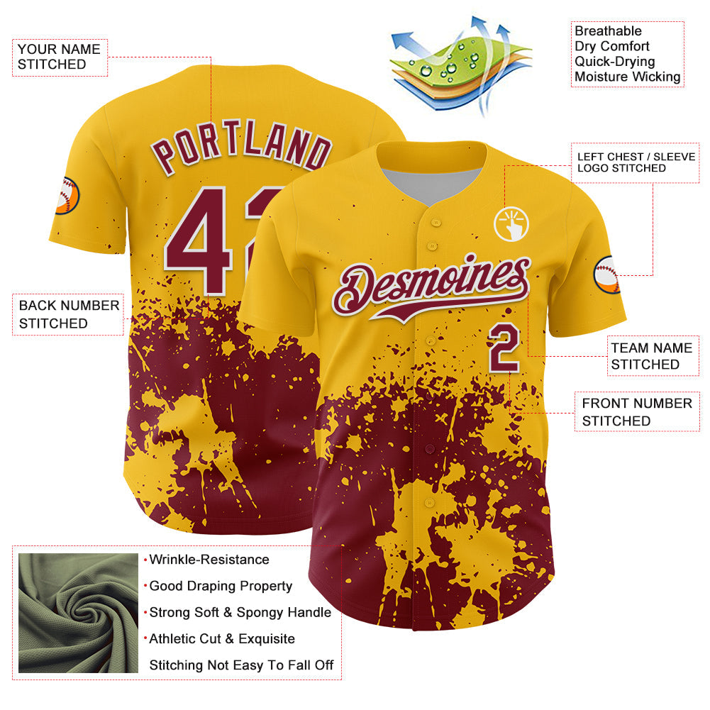 Custom Gold Crimson-White Abstract Splatter Grunge Authentic Baseball Jersey view 3