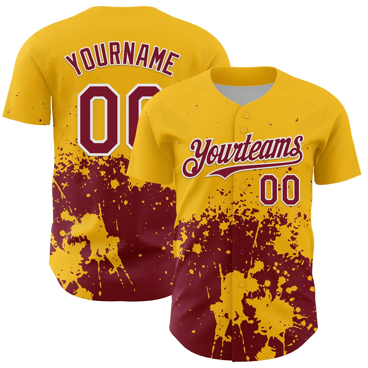 Custom Gold Crimson-White Abstract Splatter Grunge Authentic Baseball Jersey - Main View