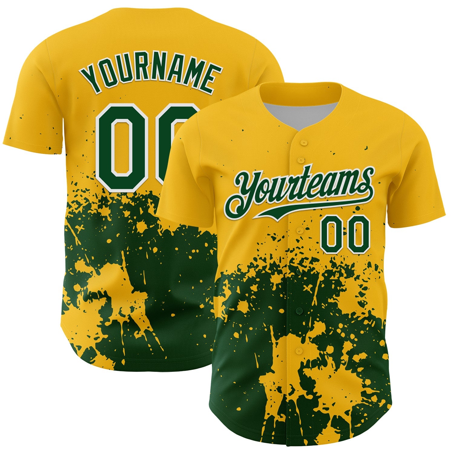 Custom Gold Green-White Abstract Splatter Grunge Authentic Baseball Jersey - Main View