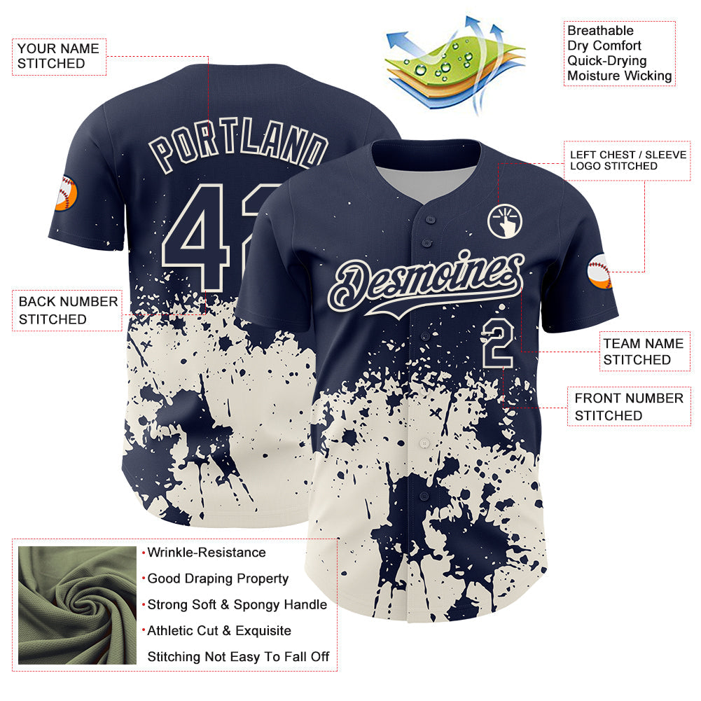 Custom Navy Cream Abstract Splatter Grunge Authentic Baseball Jersey view 3