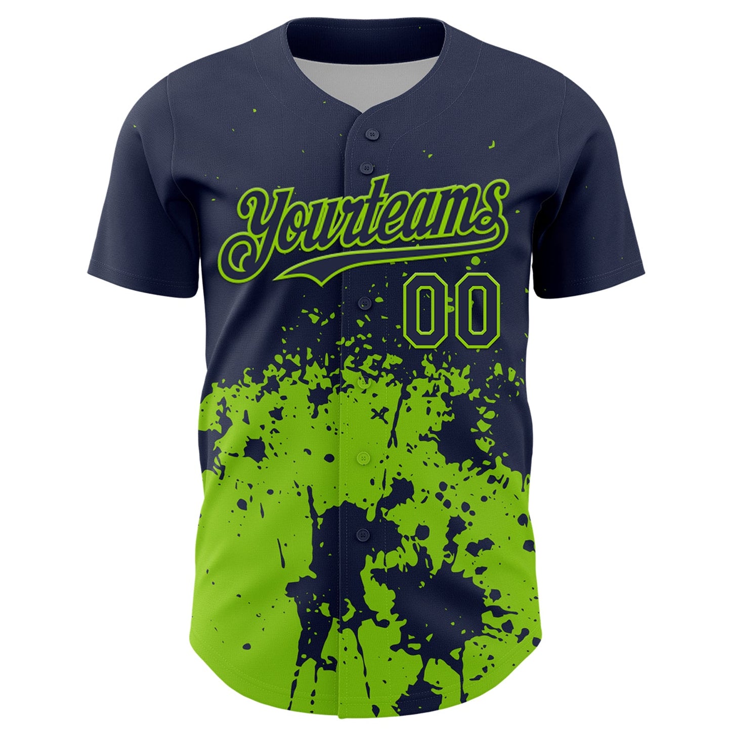 Custom Navy Neon Green Abstract Splatter Grunge Authentic Baseball Jersey view 2