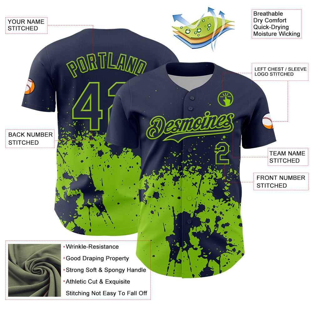 Custom Navy Neon Green Abstract Splatter Grunge Authentic Baseball Jersey view 3