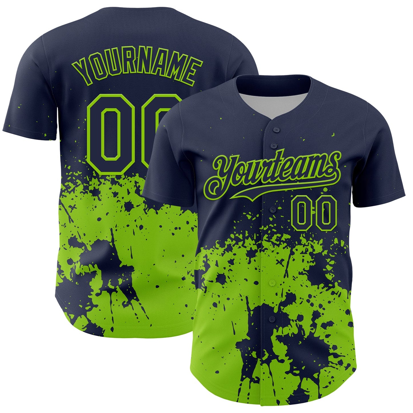 Custom Navy Neon Green Abstract Splatter Grunge Authentic Baseball Jersey - Main View