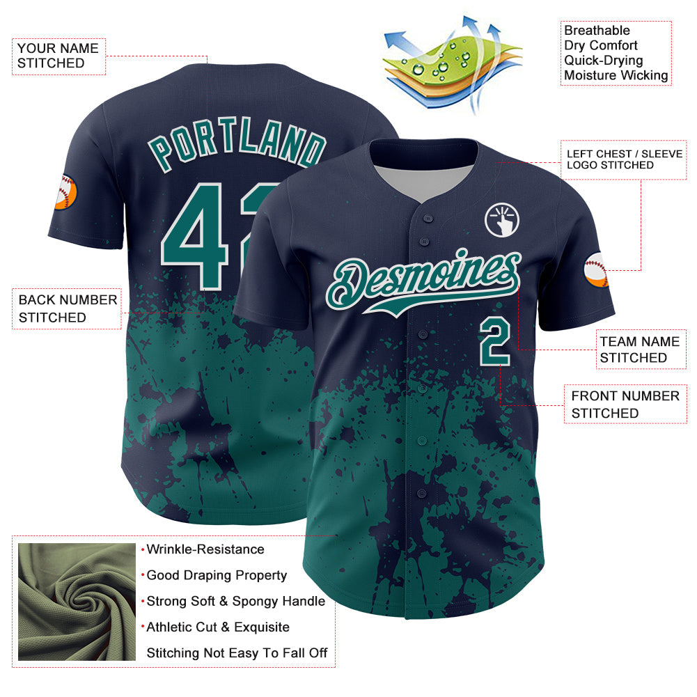 Custom Navy Teal-White Abstract Splatter Grunge Authentic Baseball Jersey view 3