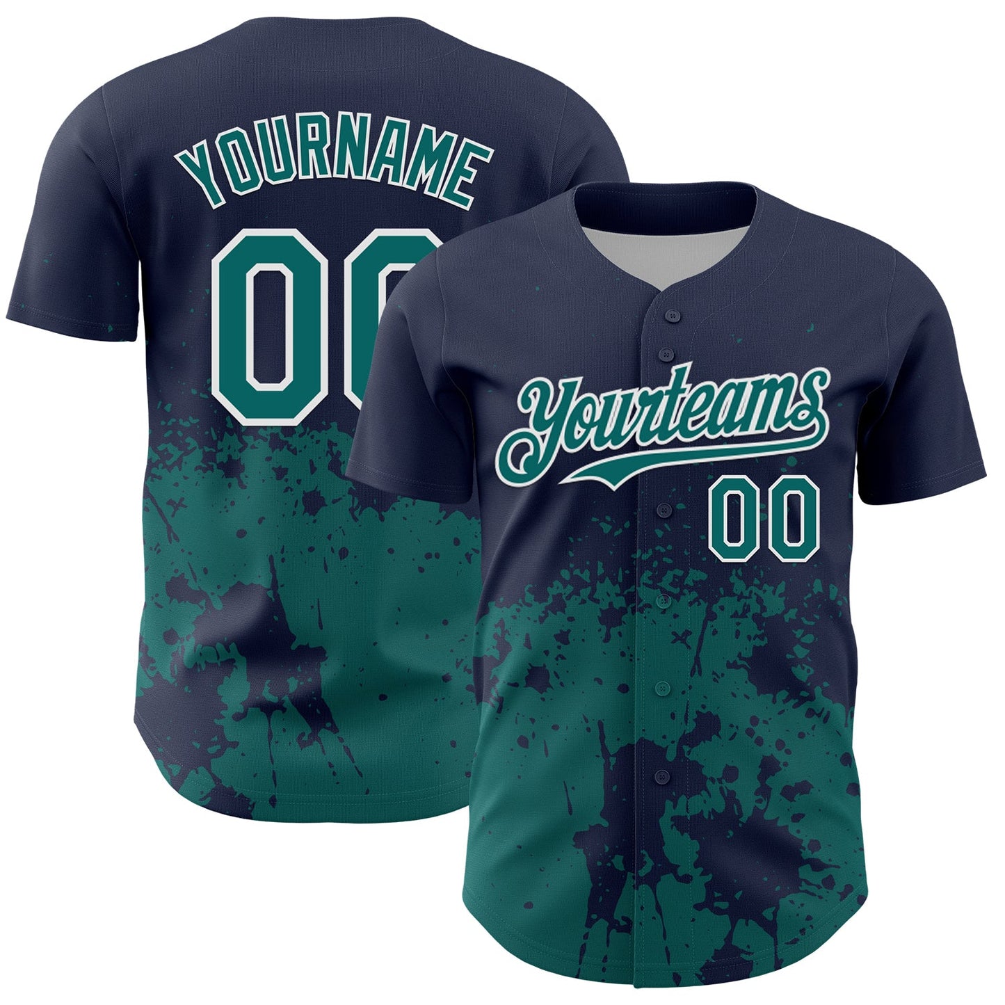 Custom Navy Teal-White Abstract Splatter Grunge Authentic Baseball Jersey - Main View