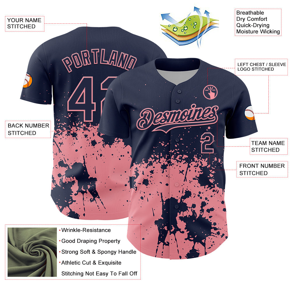 Custom Navy Medium Pink Abstract Splatter Grunge Authentic Baseball Jersey view 3