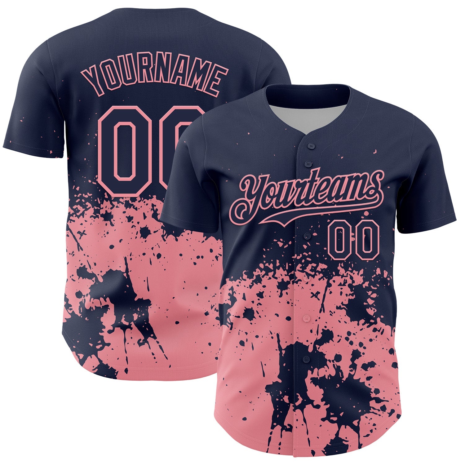 Custom Navy Medium Pink Abstract Splatter Grunge Authentic Baseball Jersey - Main View