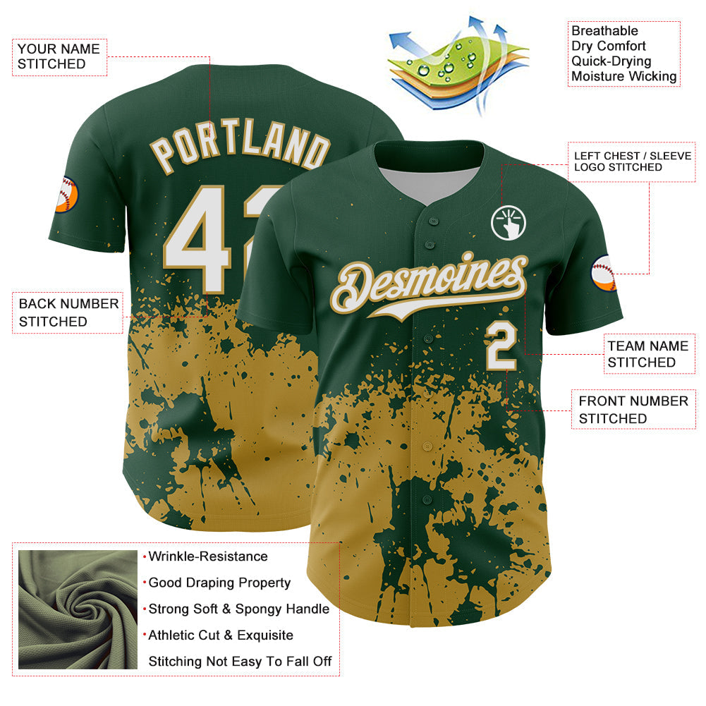 Custom Green White-Old Gold Abstract Splatter Grunge Authentic Baseball Jersey view 3