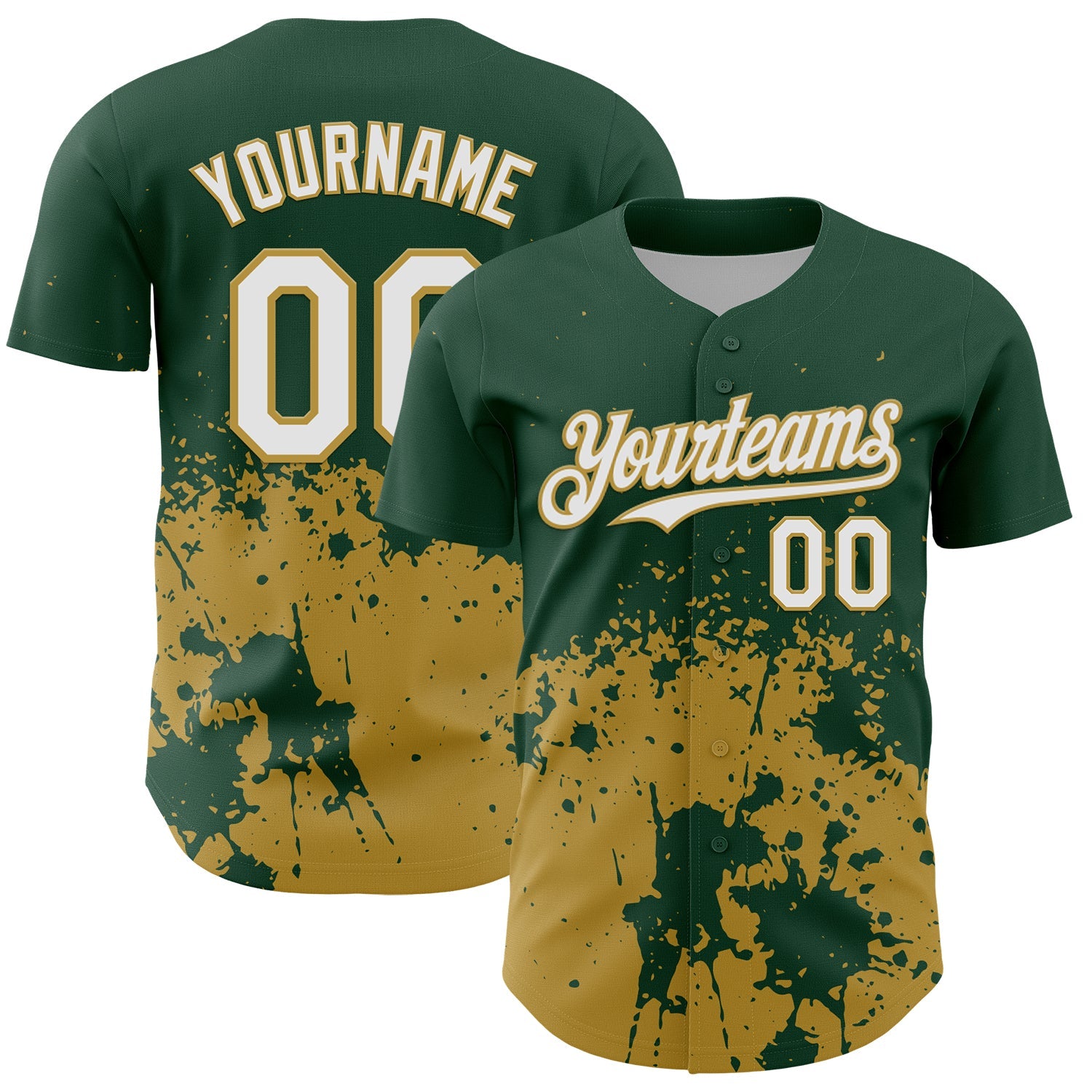 Custom Green White-Old Gold Abstract Splatter Grunge Authentic Baseball Jersey - Main View