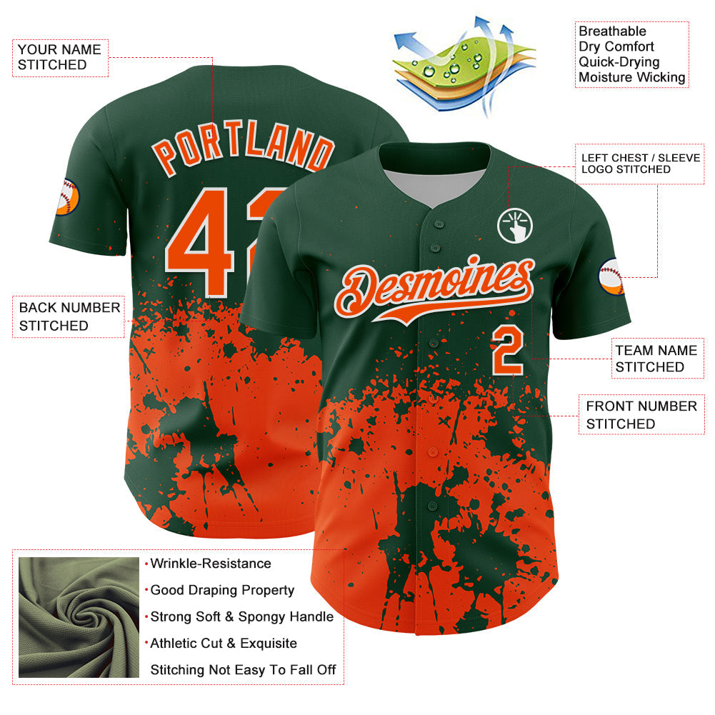 Custom Green Orange-White Abstract Splatter Grunge Authentic Baseball Jersey view 3
