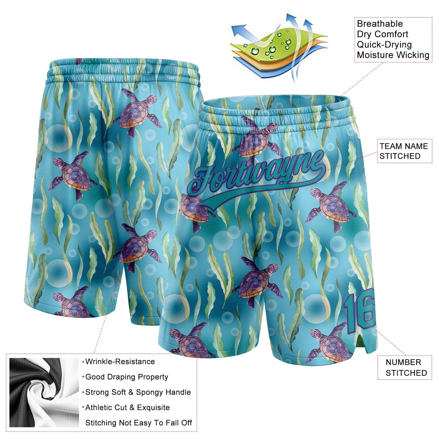 Custom Teal Purple 3D Pattern Aquatic Plants And Sea Turtles Authentic Basketball Shorts view 2