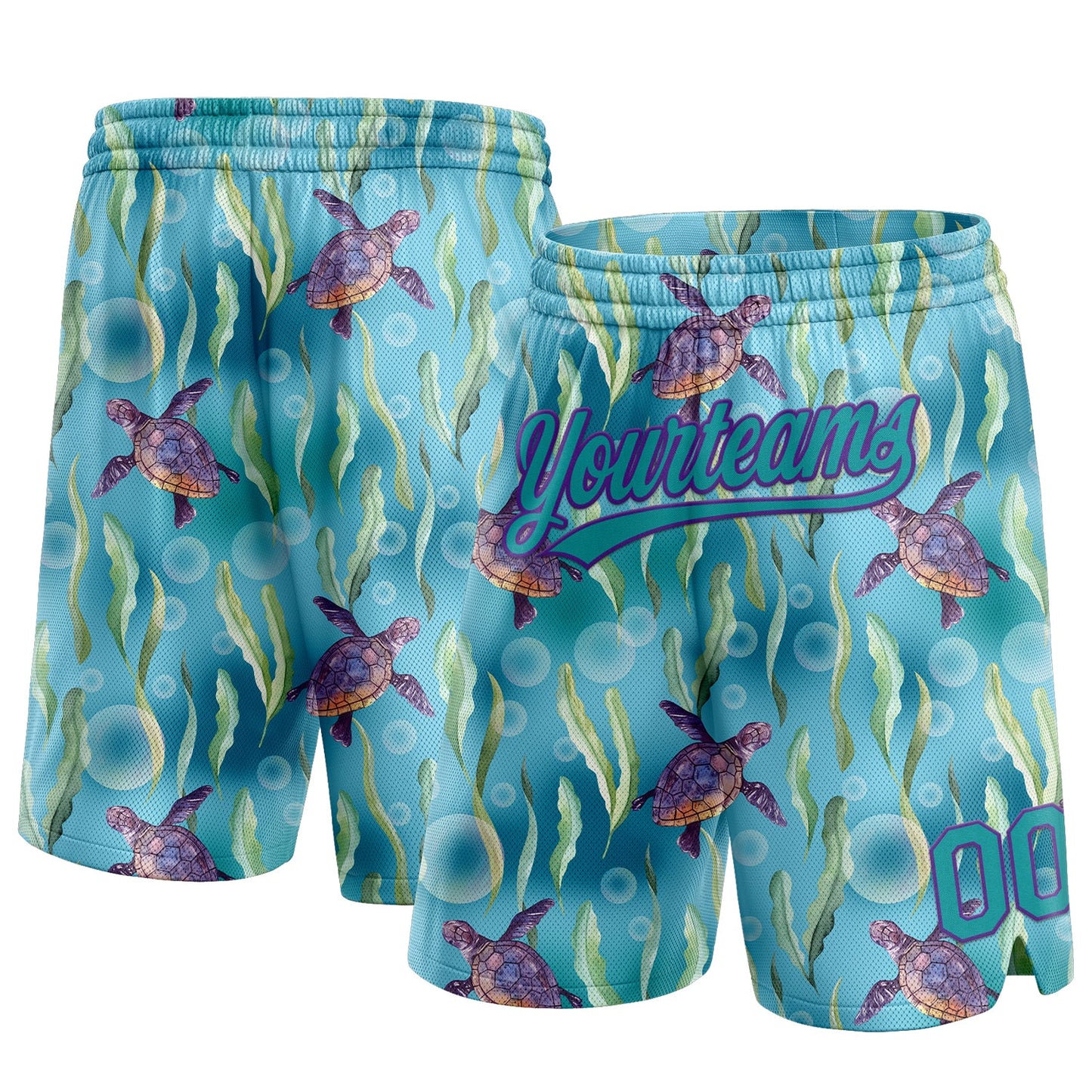 Custom Teal Purple 3D Pattern Aquatic Plants And Sea Turtles Authentic Basketball Shorts - Main View