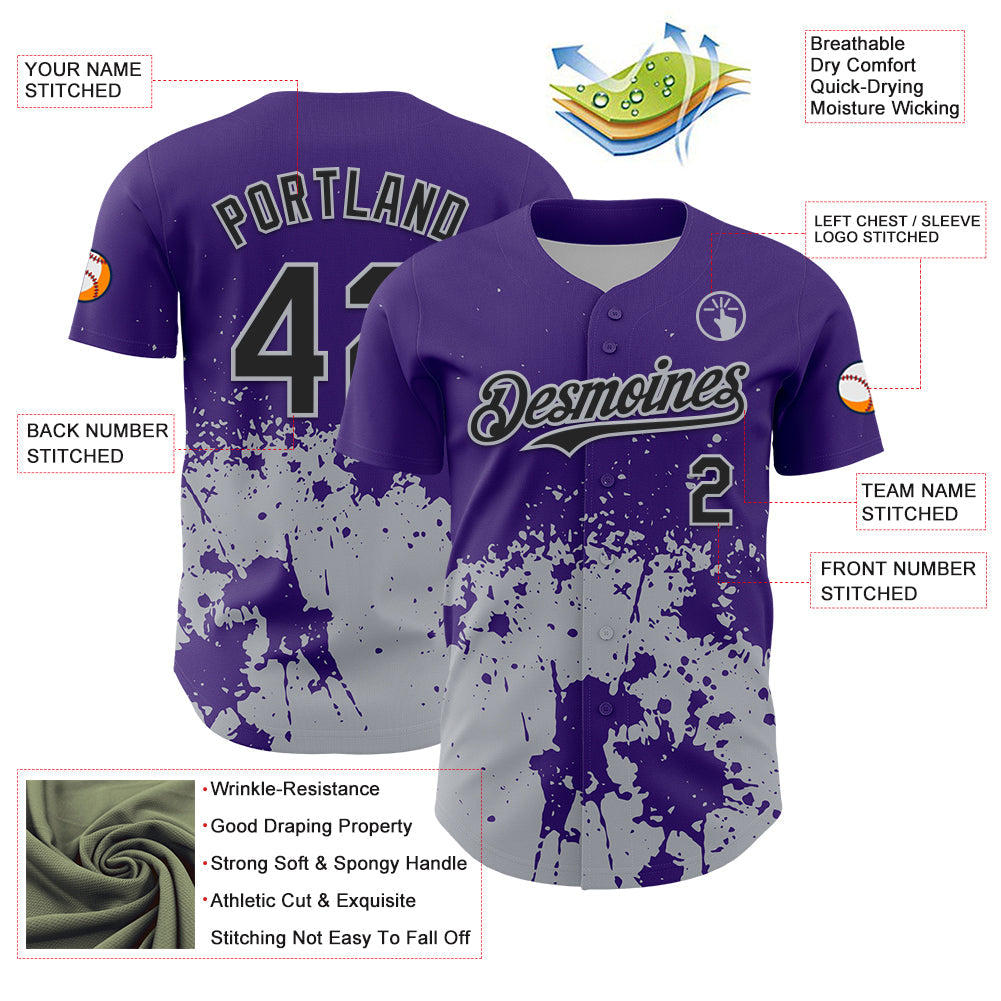 Custom Purple Black-Gray Abstract Splatter Grunge Authentic Baseball Jersey view 3