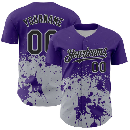 Custom Purple Black-Gray Abstract Splatter Grunge Authentic Baseball Jersey - Main View