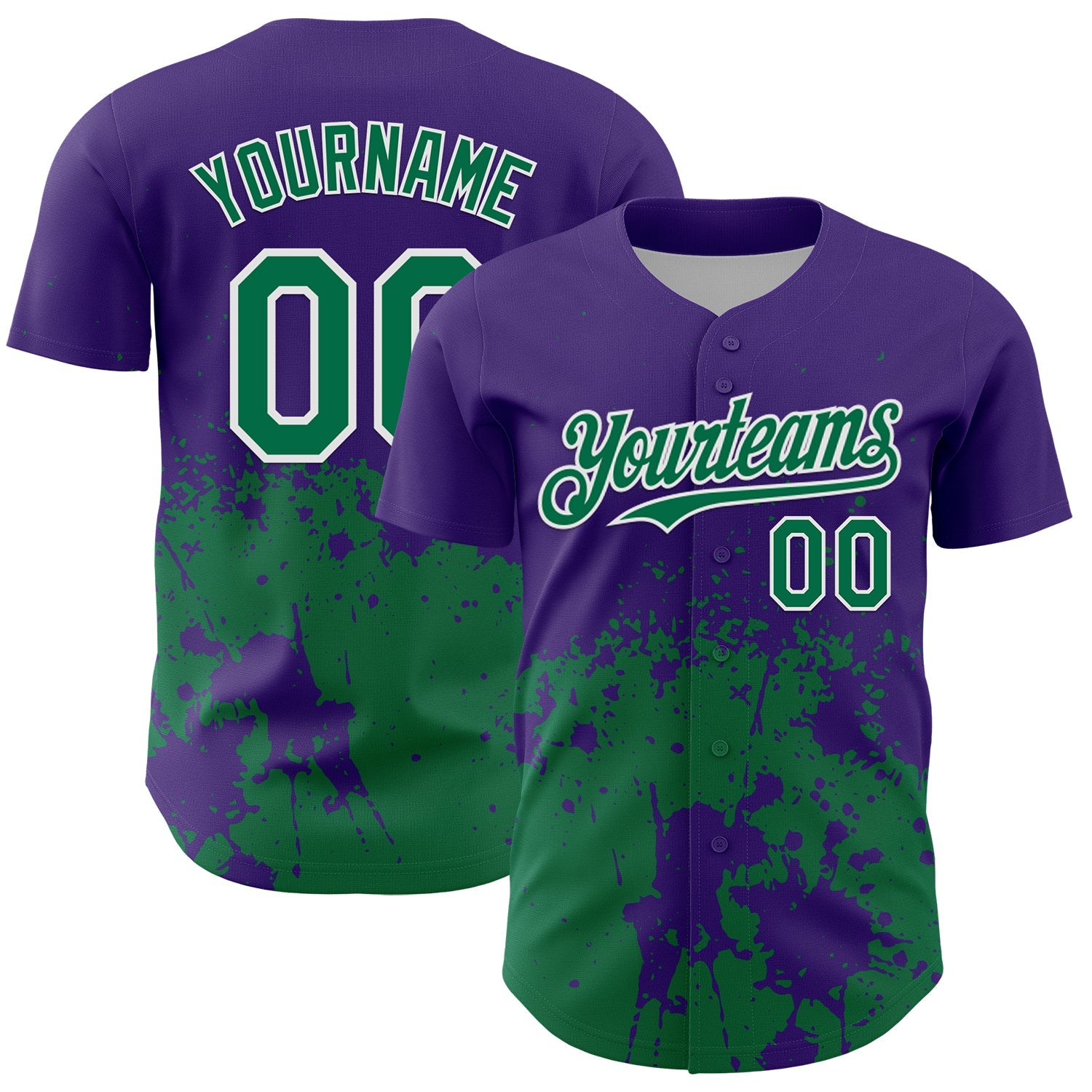 Custom Purple Kelly Green-White Abstract Splatter Grunge Authentic Baseball Jersey - Main View