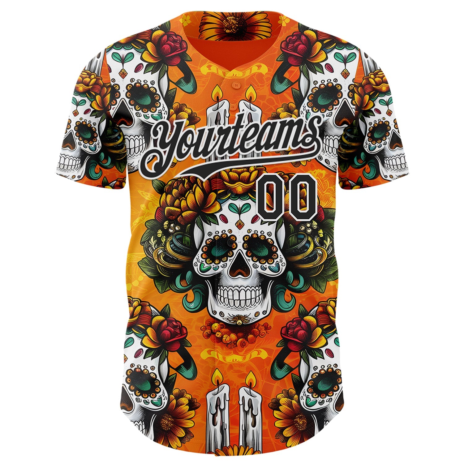 Custom Orange Black-White Sugar Skull Day of the Dead Mexican Folk Art Authentic Baseball Jersey view 2