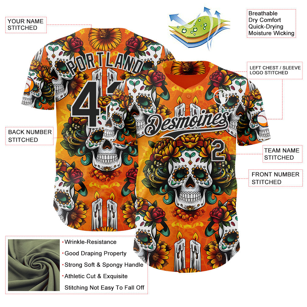 Custom Orange Black-White Sugar Skull Day of the Dead Mexican Folk Art Authentic Baseball Jersey view 3