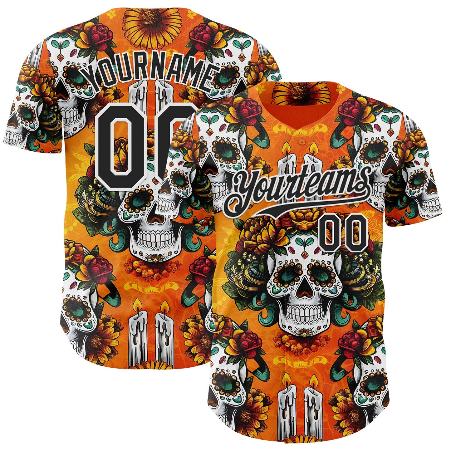 Custom Orange Black-White Sugar Skull Day of the Dead Mexican Folk Art Authentic Baseball Jersey - Main View