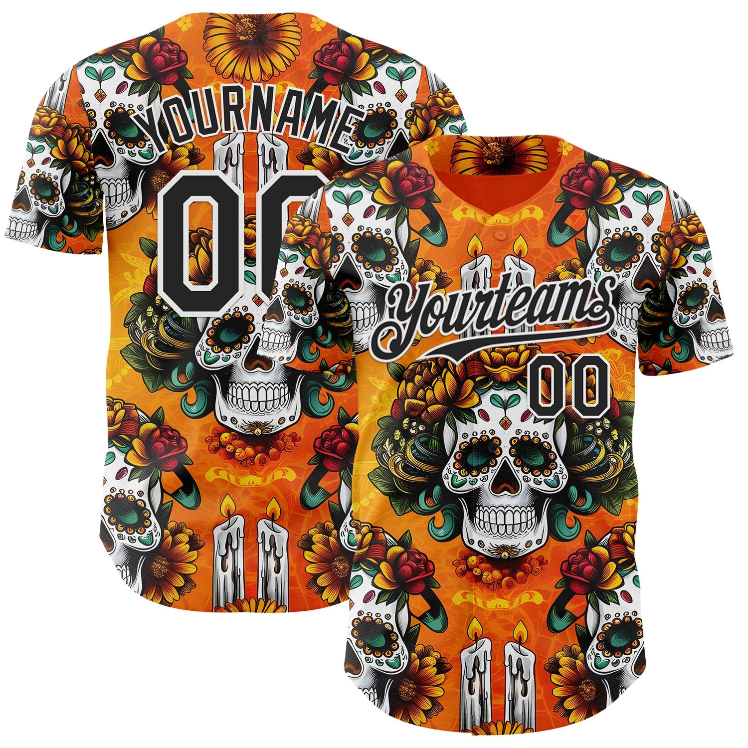 Custom Orange Black-White Sugar Skull Day of the Dead Mexican Folk Art Authentic Baseball Jersey - Main View