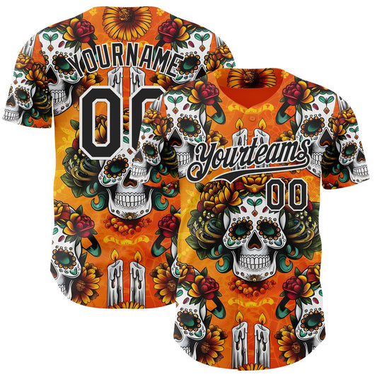Custom Orange Black-White Sugar Skull Day of the Dead Mexican Folk Art Authentic Baseball Jersey - Main View