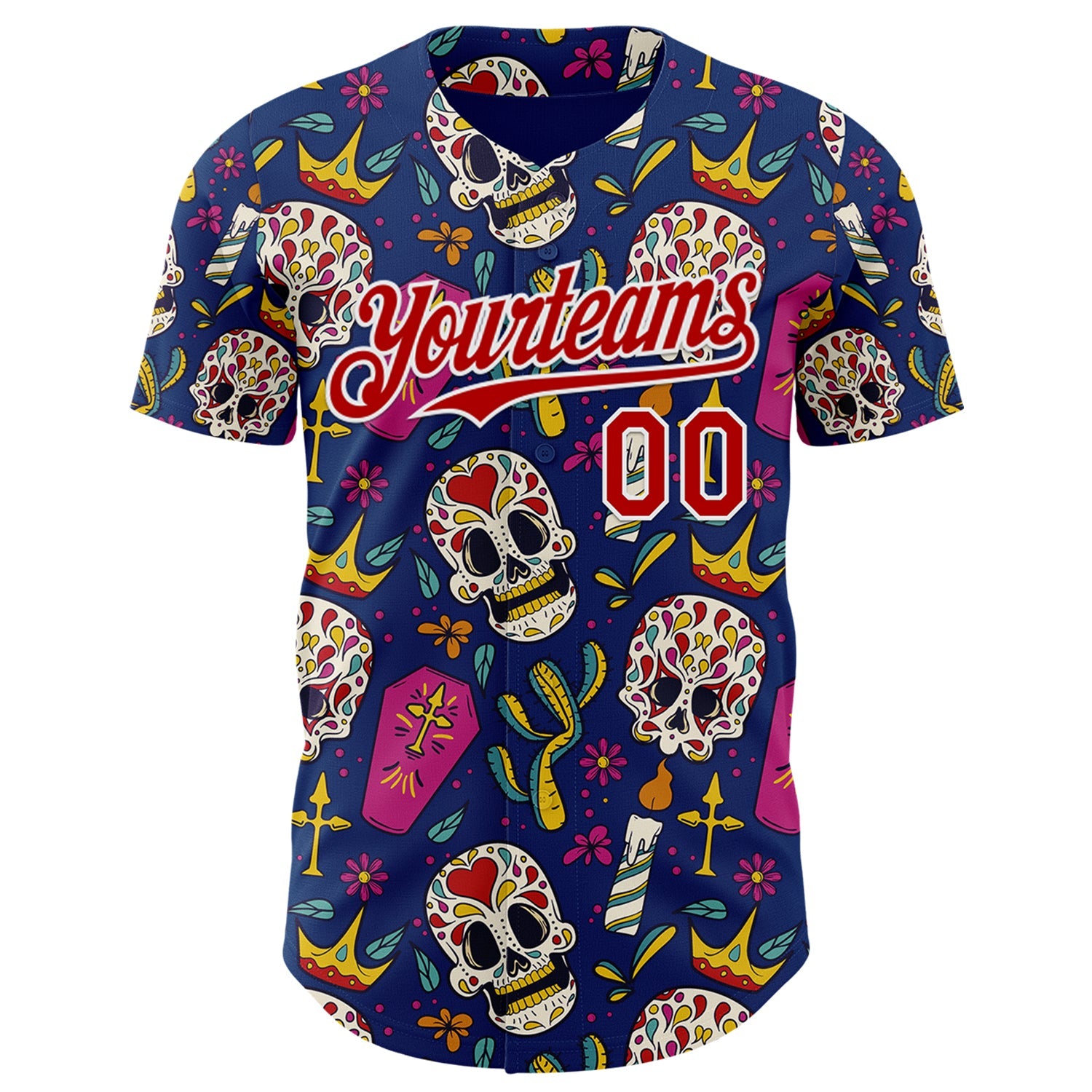 Custom US Navy Blue Red-White Sugar Skull Day of the Dead Mexican Folk Art Authentic Baseball Jersey view 2