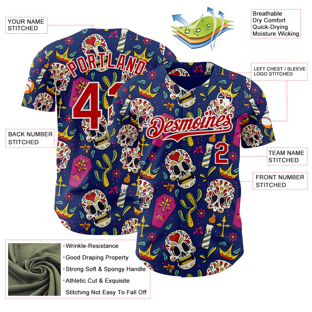 Custom US Navy Blue Red-White Sugar Skull Day of the Dead Mexican Folk Art Authentic Baseball Jersey view 3