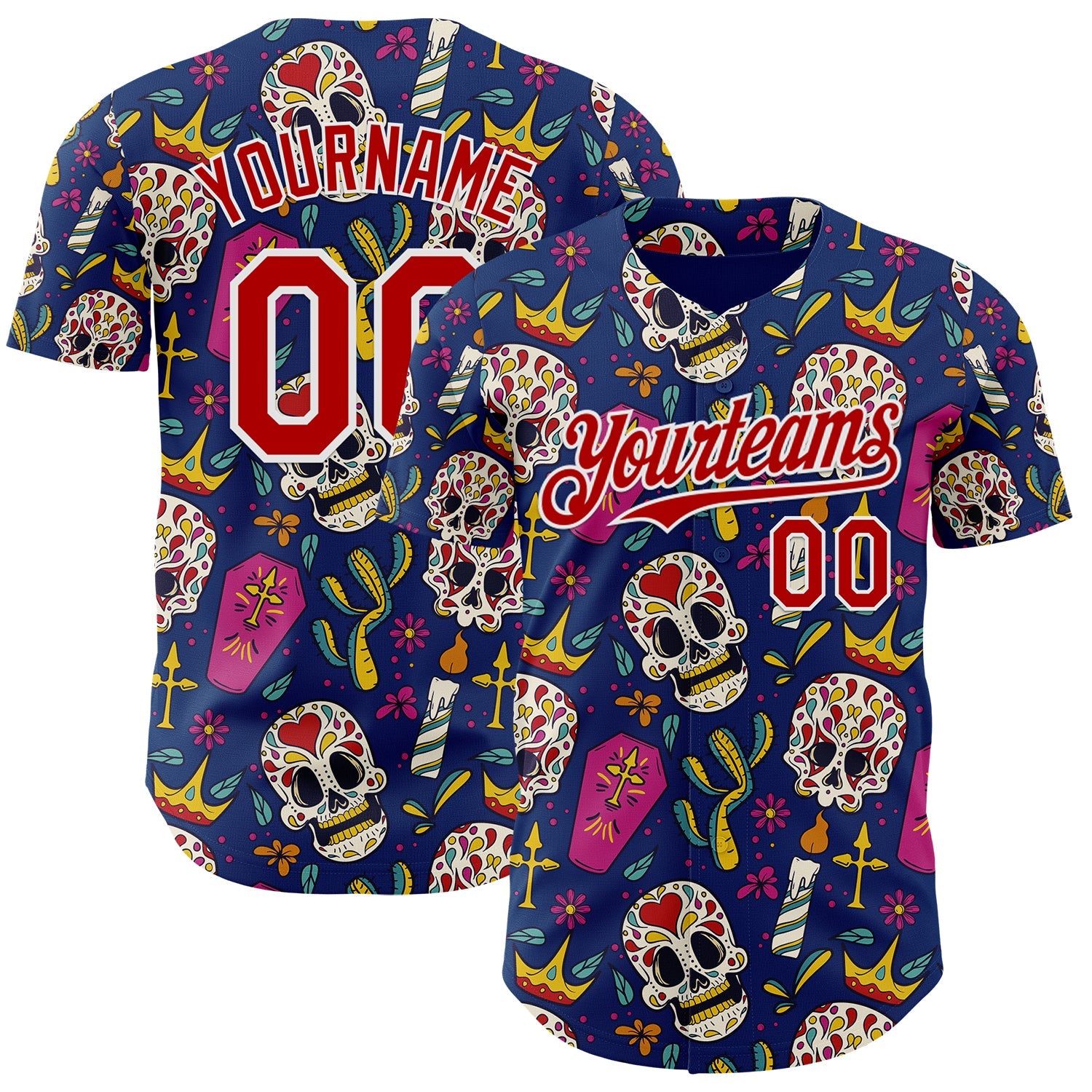 Custom US Navy Blue Red-White Sugar Skull Day of the Dead Mexican Folk Art Authentic Baseball Jersey - Main View