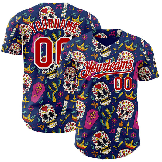 Custom US Navy Blue Red-White Sugar Skull Day of the Dead Mexican Folk Art Authentic Baseball Jersey - Main View