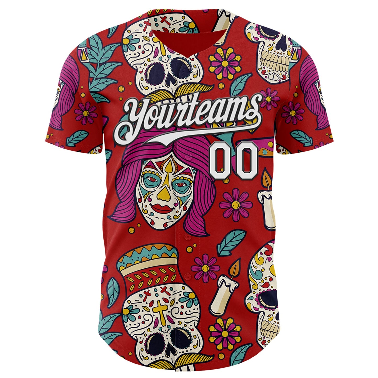 Custom Red White-Black Sugar Skull Day of the Dead Mexican Folk Art Authentic Baseball Jersey view 2