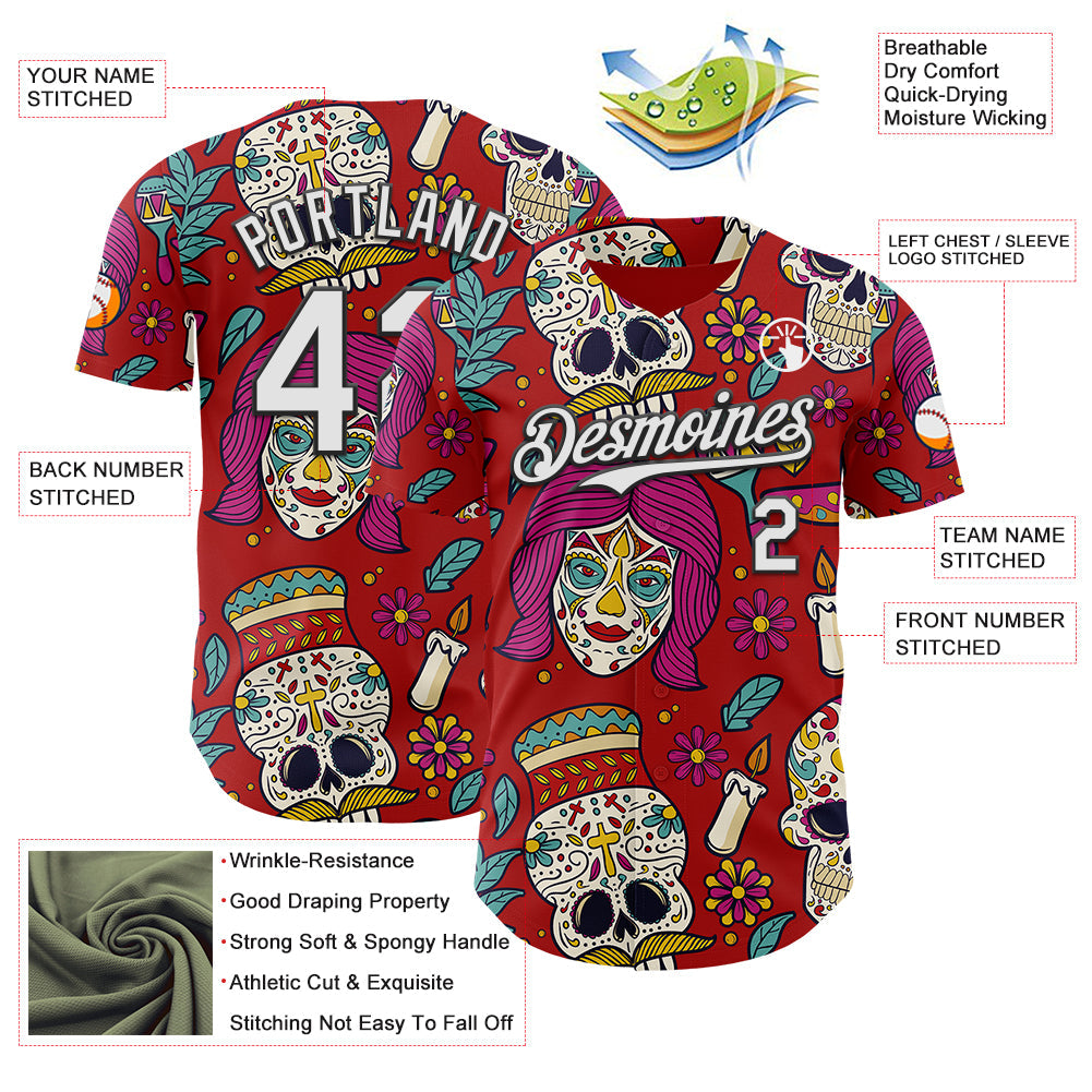 Custom Red White-Black Sugar Skull Day of the Dead Mexican Folk Art Authentic Baseball Jersey view 3
