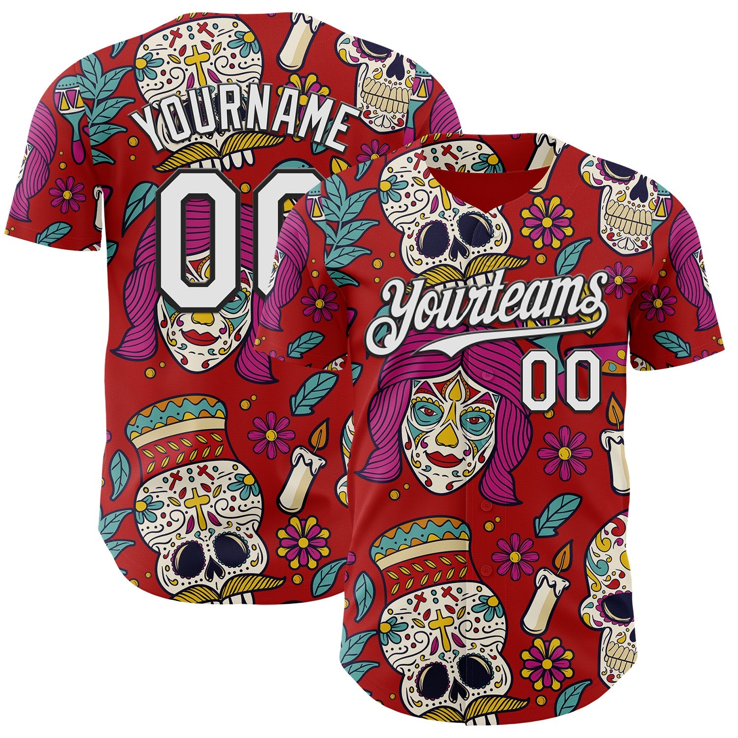 Custom Red White-Black Sugar Skull Day of the Dead Mexican Folk Art Authentic Baseball Jersey - Main View