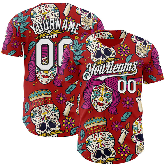 Custom Red White-Black Sugar Skull Day of the Dead Mexican Folk Art Authentic Baseball Jersey - Main View