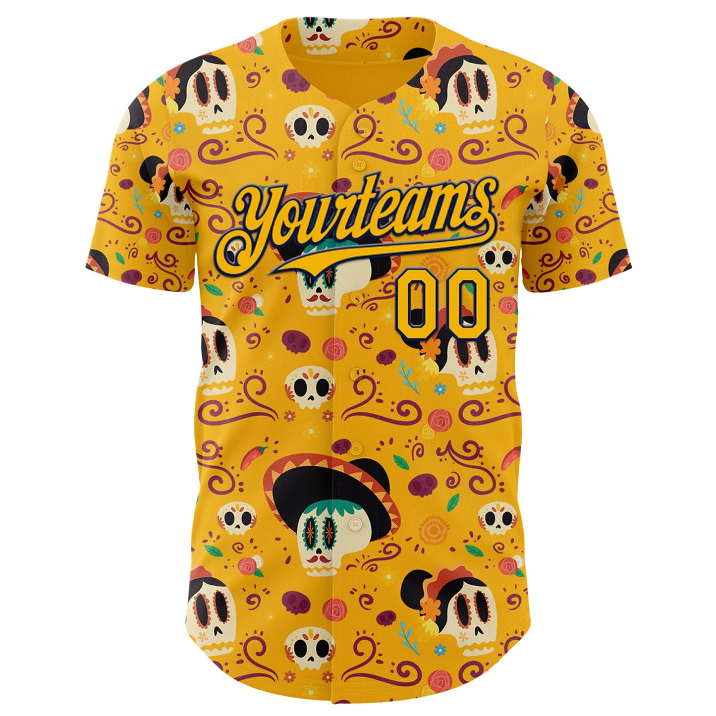 Custom Gold Navy Sugar Skull Day of the Dead Mexican Folk Art Authentic Baseball Jersey view 2