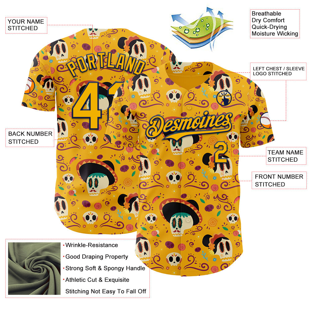 Custom Gold Navy Sugar Skull Day of the Dead Mexican Folk Art Authentic Baseball Jersey view 3
