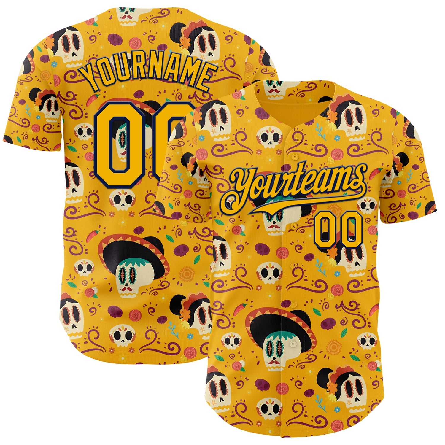 Custom Gold Navy Sugar Skull Day of the Dead Mexican Folk Art Authentic Baseball Jersey - Main View