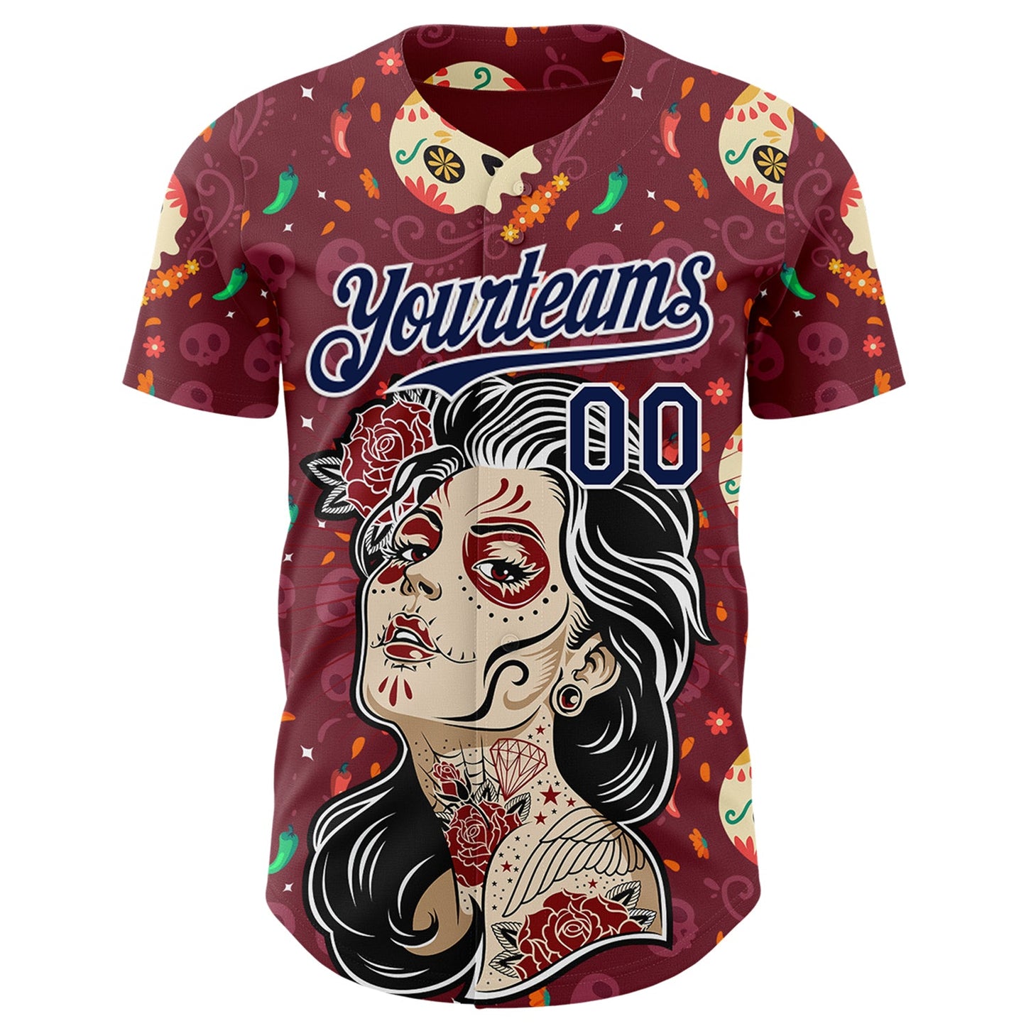 Custom Burgundy Navy-White Sugar Skull Day of the Dead Mexican Folk Art Authentic Baseball Jersey view 2