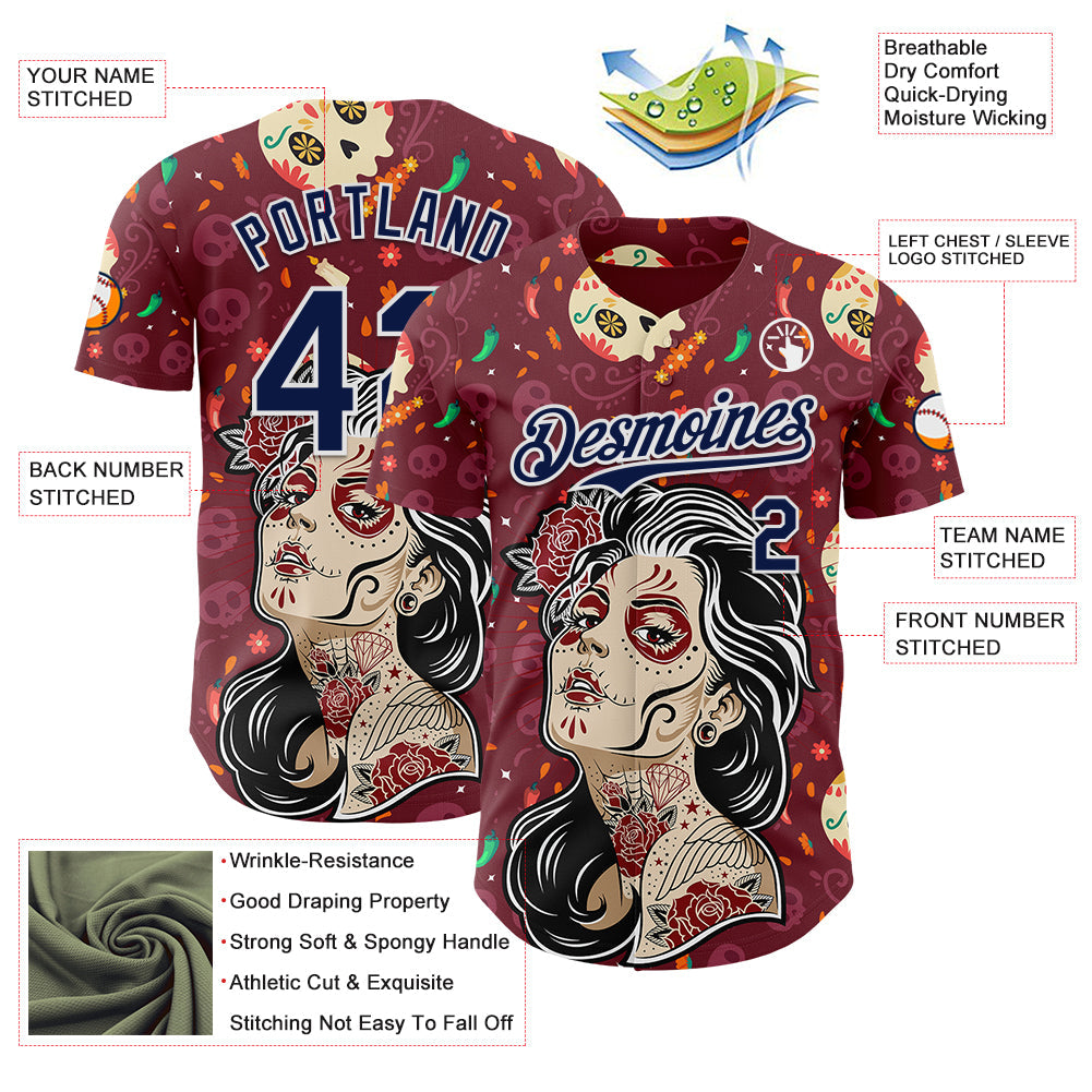 Custom Burgundy Navy-White Sugar Skull Day of the Dead Mexican Folk Art Authentic Baseball Jersey view 3