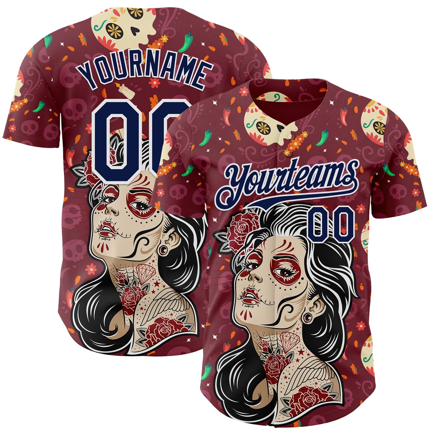 Custom Burgundy Navy-White Sugar Skull Day of the Dead Mexican Folk Art Authentic Baseball Jersey - Main View