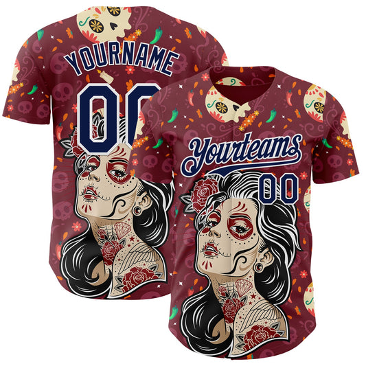 Custom Burgundy Navy-White Sugar Skull Day of the Dead Mexican Folk Art Authentic Baseball Jersey - Main View
