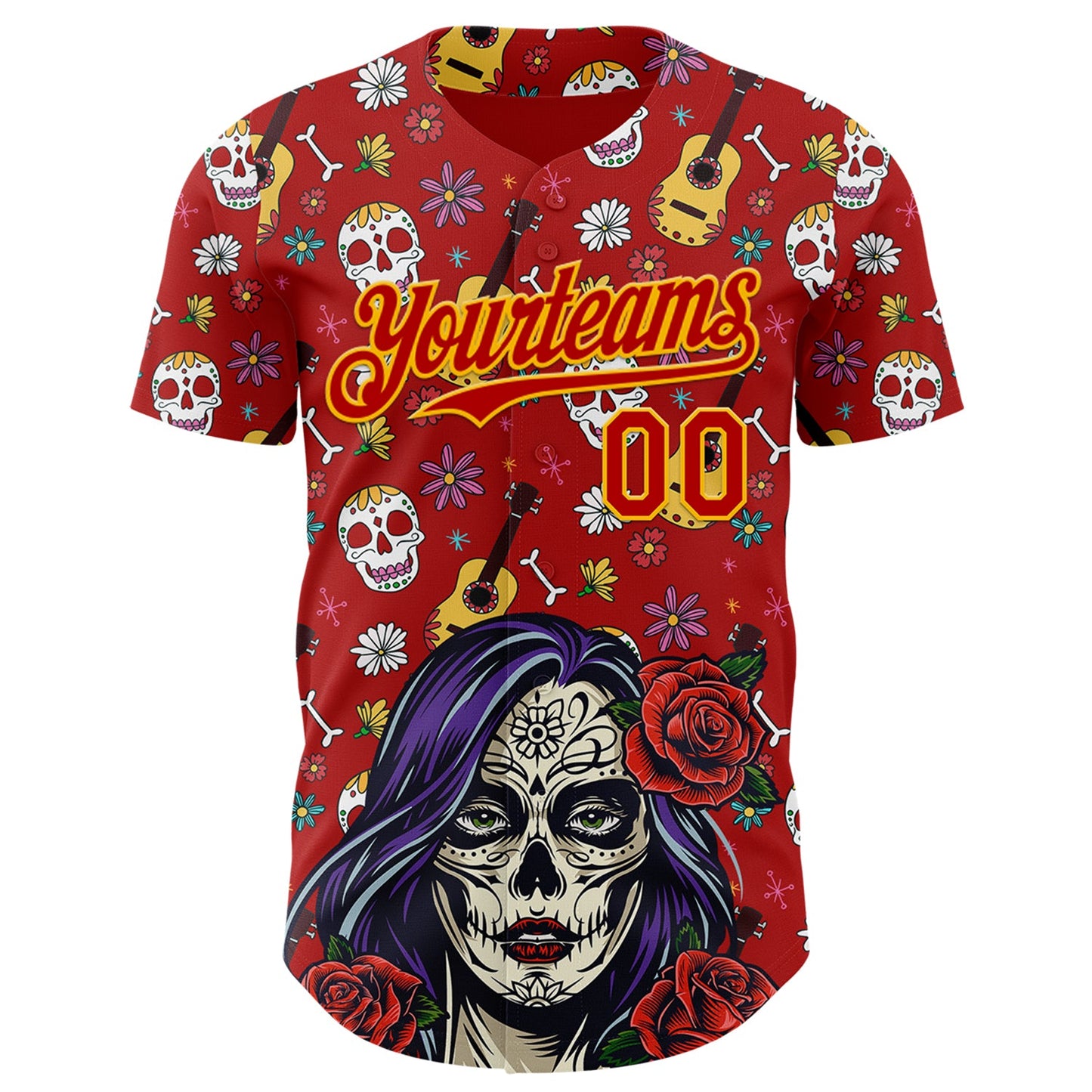 Custom Red Gold Sugar Skull Day of the Dead Mexican Folk Art Authentic Baseball Jersey view 2