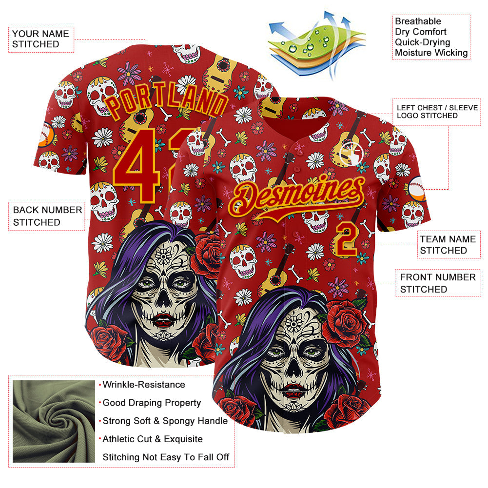 Custom Red Gold Sugar Skull Day of the Dead Mexican Folk Art Authentic Baseball Jersey view 3