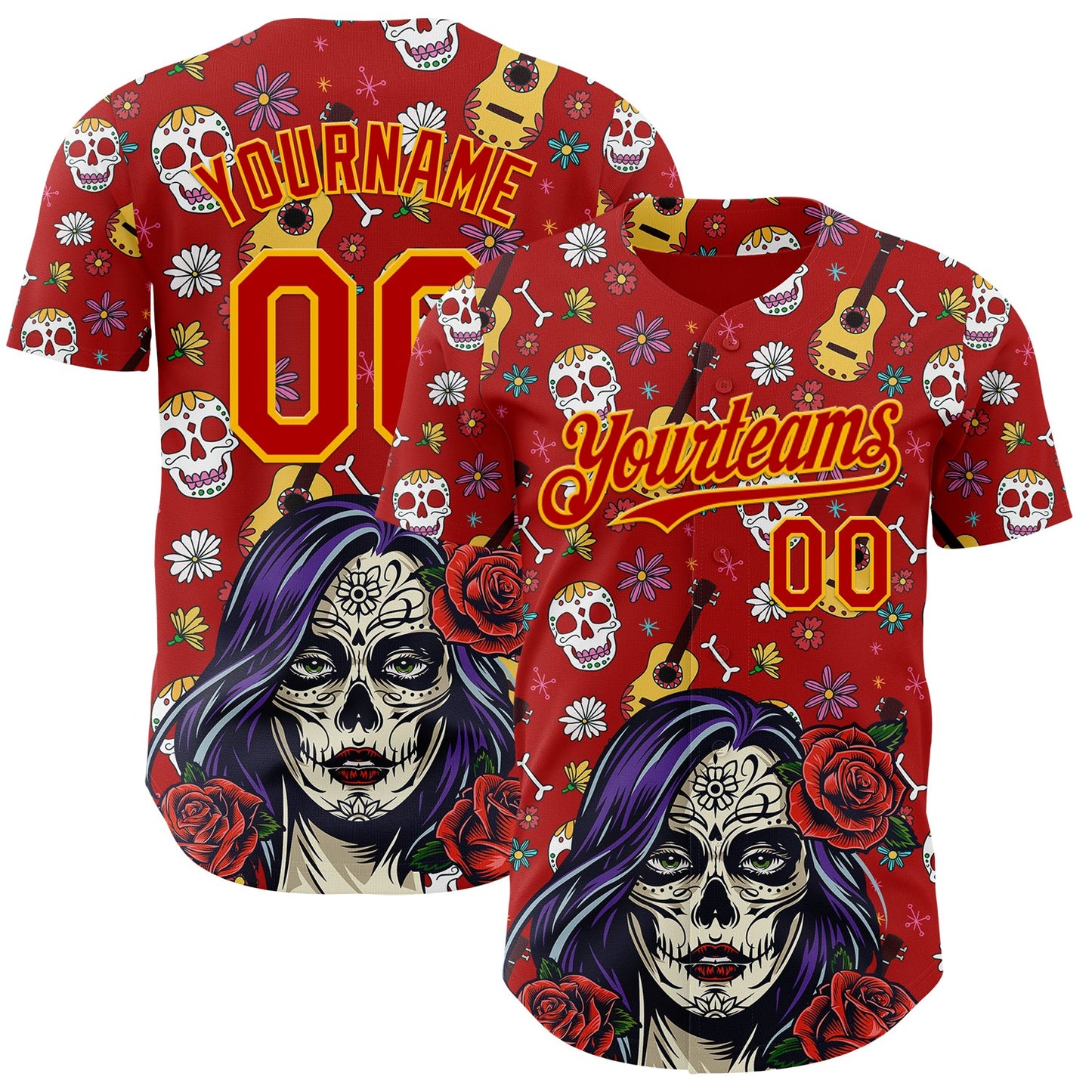Custom Red Gold Sugar Skull Day of the Dead Mexican Folk Art Authentic Baseball Jersey - Main View