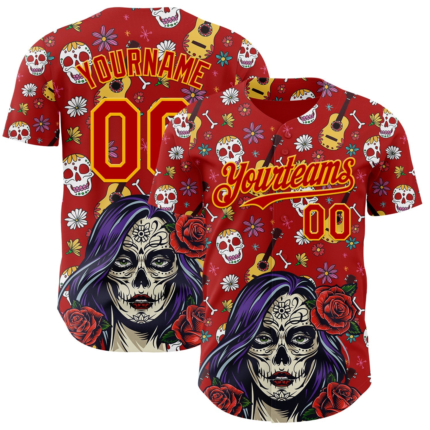 Custom Red Gold Sugar Skull Day of the Dead Mexican Folk Art Authentic Baseball Jersey - Main View