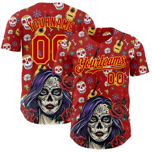 Custom Red Gold Sugar Skull Day of the Dead Mexican Folk Art Authentic Baseball Jersey - Main View