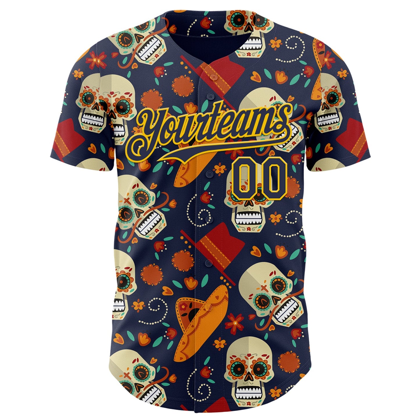 Custom Navy Gold Sugar Skull Day of the Dead Mexican Folk Art Authentic Baseball Jersey view 2