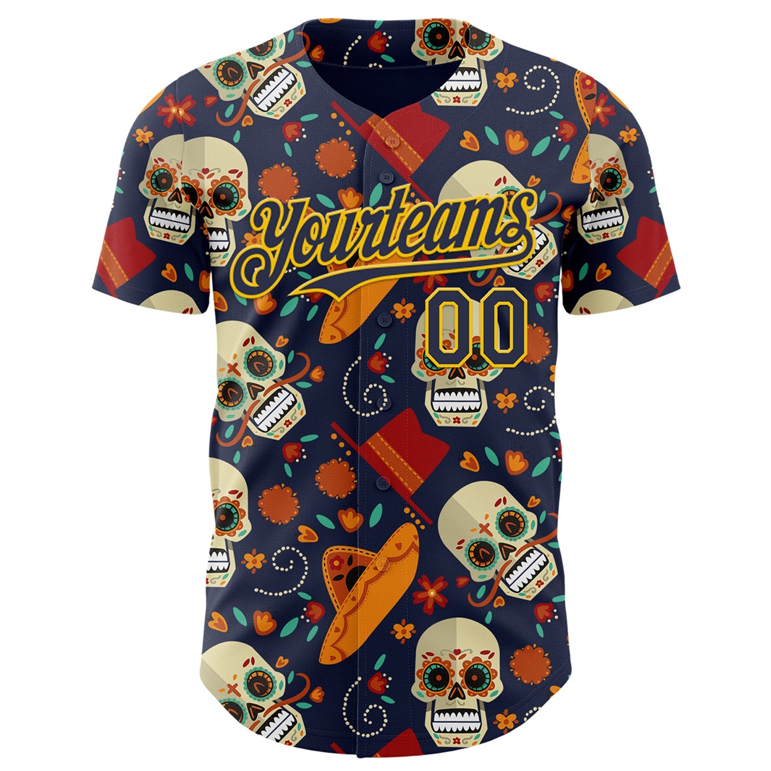 Custom Navy Gold Sugar Skull Day of the Dead Mexican Folk Art Authentic Baseball Jersey view 2
